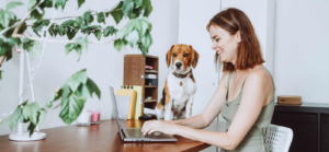 Woman working on a laptop with dog standing on a table next to her.
